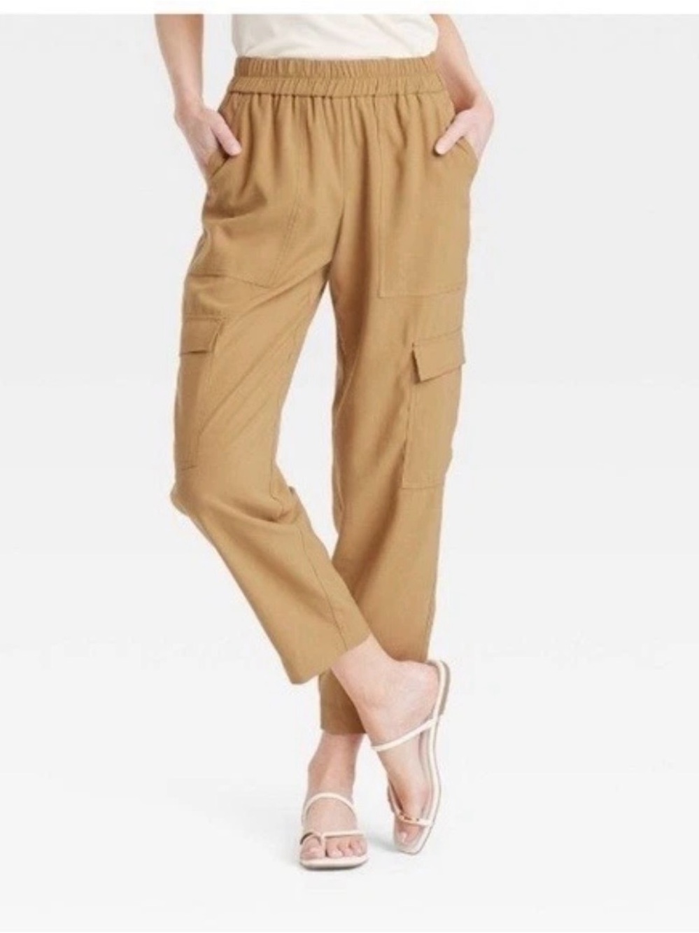 A New Day Camel Cargo Pants Elastic Waist Lightweight Relaxed Fit Sz Small